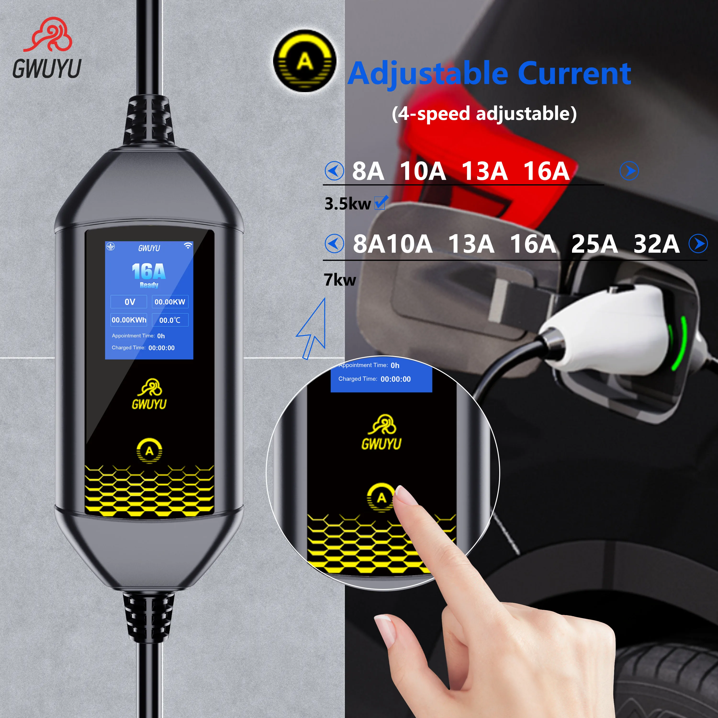Portable Level 2 EV Charger 3.5kW J1772 US Standard Home EV Charging Station 2.8 Inch LCD Screen APP Control Portable AC EV Char
