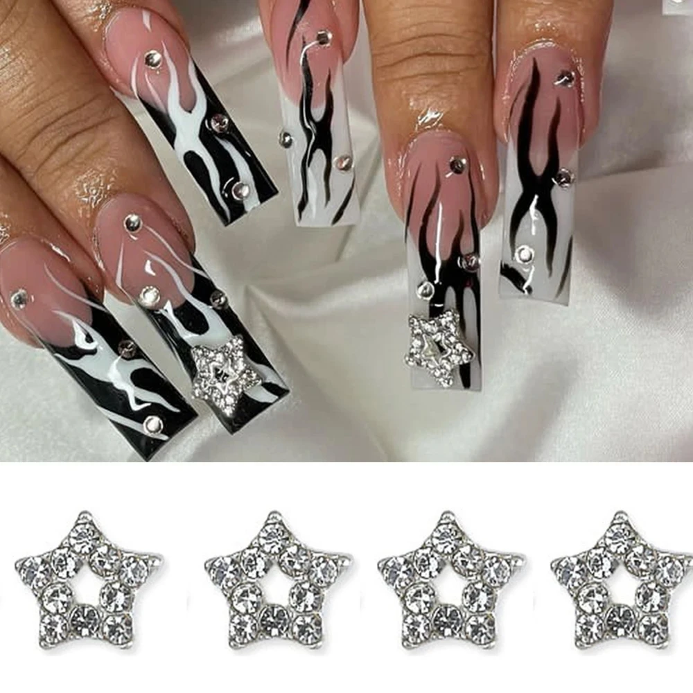 10 pçs 3d prata pentagrama estrela arte do prego liga strass luxo metal estrela encantos unhas jóias gem manicure decoração da arte do prego