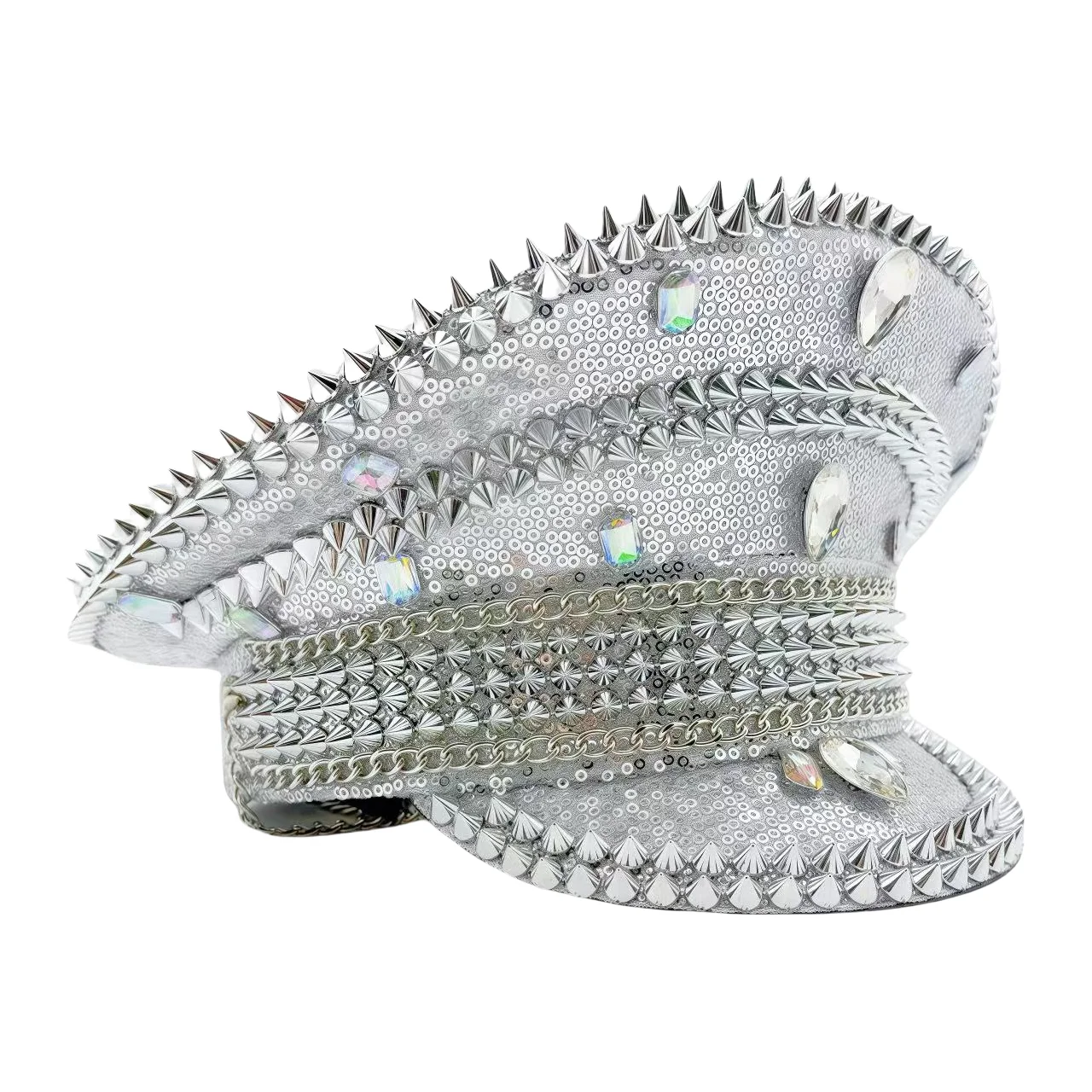 HongLuan قبعة كابتن بحلقة جلدية بالليزر الأصفر من حجر الراين وقبعات عسكرية للمرأة، وإكسسوارات المهرجانات الهذيان وقبعة الحفلات للرجال