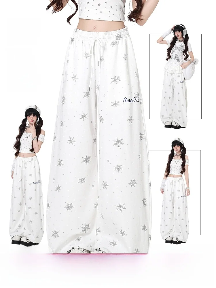 

Crazygirl American Lazy Style Diamond Embellished Wide Leg Pants Draped Casual Trousers Drawstring Versatile Ladies Jeans