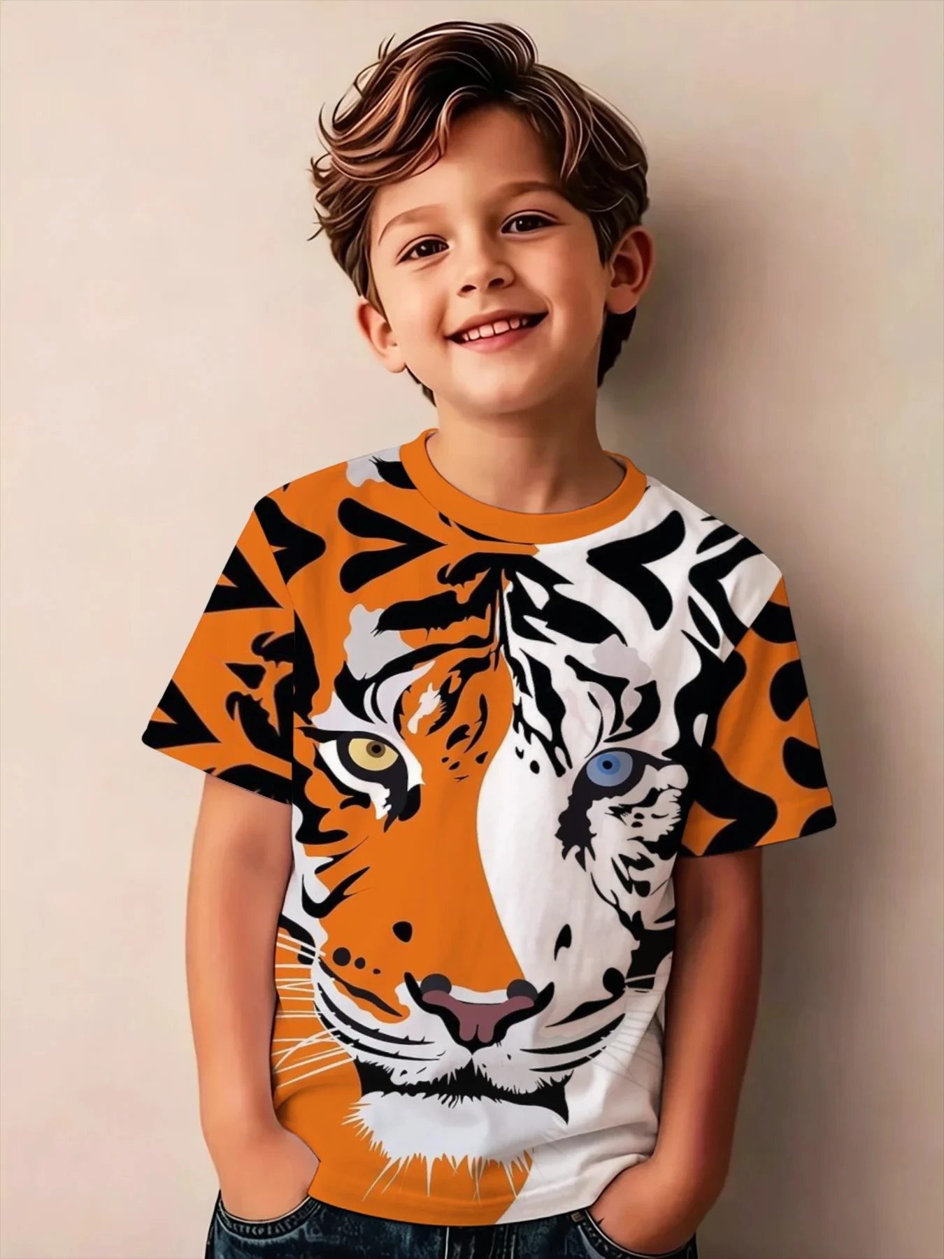 Boys Summer Short Sleeve T-Shirt, Half Orange White Tiger Graphic Print, Toddler Crew Neck Casual Animal Tee