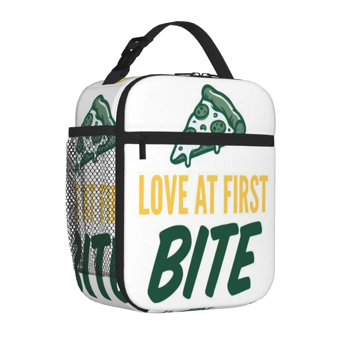 Hot Sale Love At First Bite Funny Pizza Foodie Slice Humor Multi Pocket Cooler Lunch Bag Diet Meal Packing Insulated Snack Tote