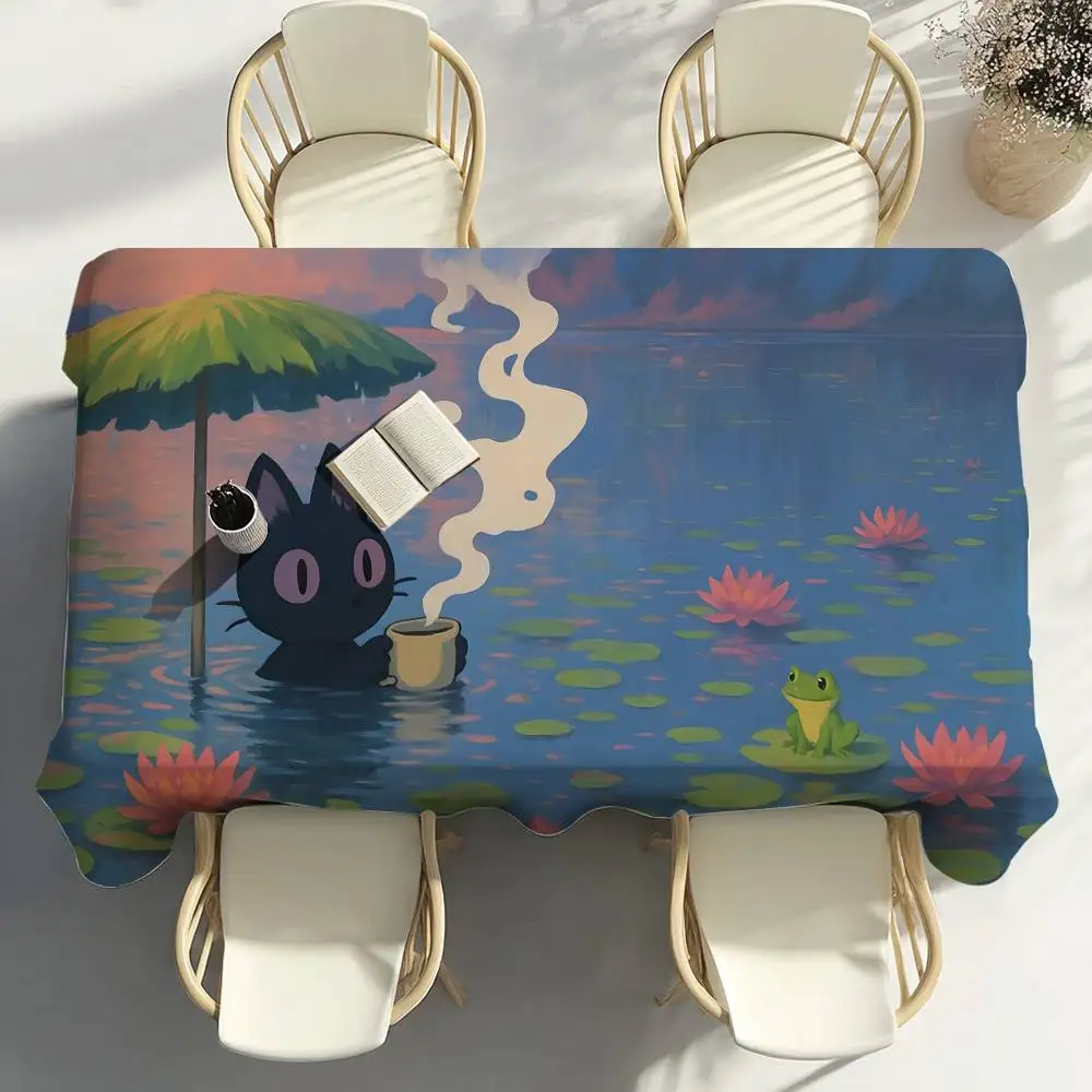 Kitten Under the Lotus Leaves Table Cloth Party Decor Dining Room Home Kitchen Patios Waterproof Stain-Proof Table Cloth