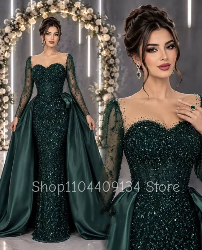 Arabisches Luxus-Abendkleid in Dunkelgrün mit Perlen und Pailletten, Meerjungfrauenkleid mit transparenten langen Ärmeln, abnehmbarer Schleppe, Hochzeitskleid nach Maß