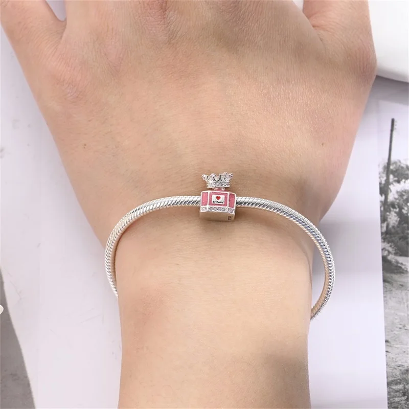 

925 Sterling Silver Pink Crown Perfume Bottle Charms Bead Fit 3mm Original Bracelet DIY Women Exquisite Birthday Jewelry Gifts