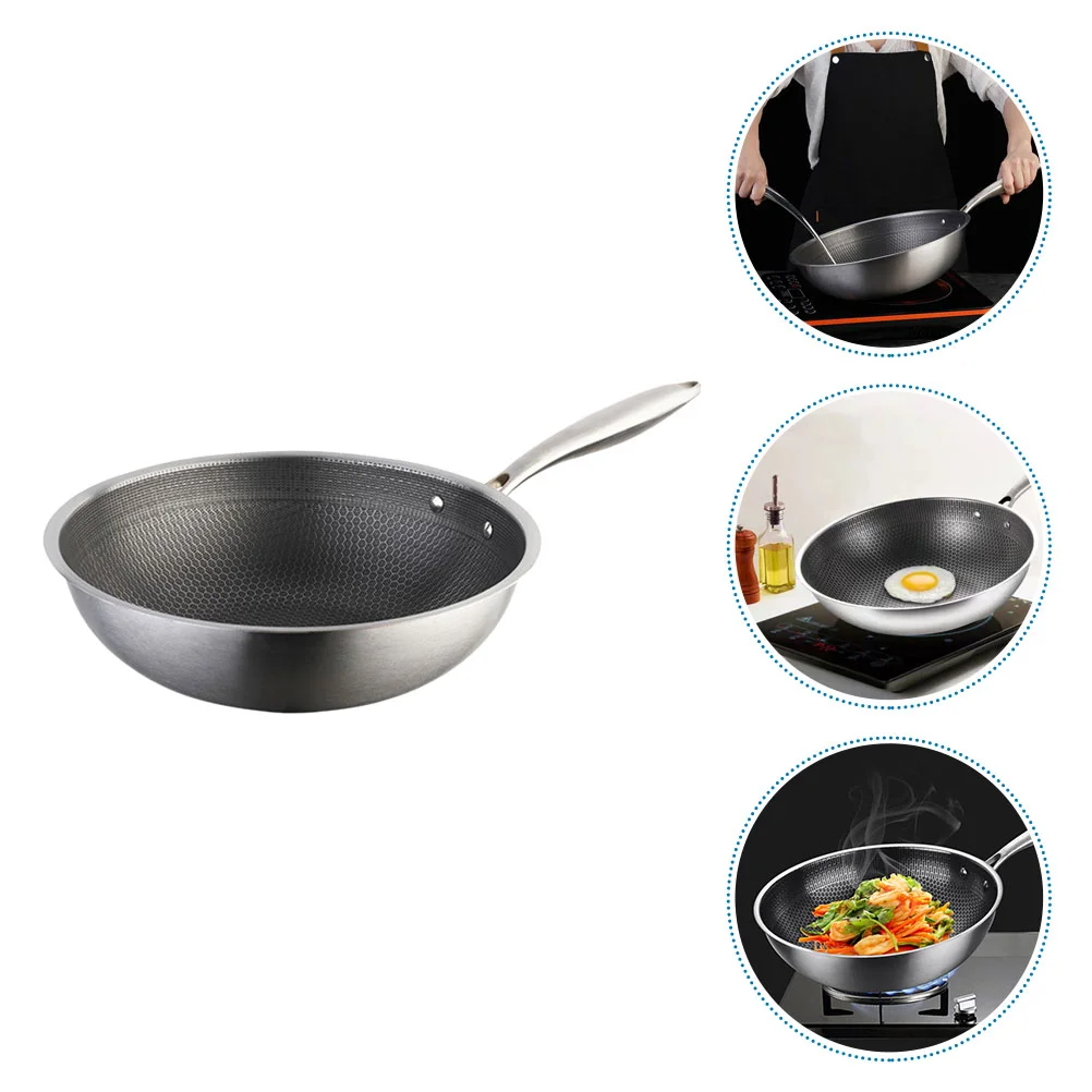 

Stainless Steel Wok Frying Pot for Home Kitchen Utensil Pan Metal Round Bottom Non-stick Flat Skillet