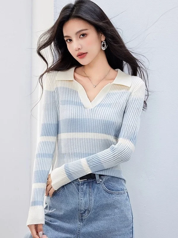 

Женский трикотажный топ с длинным рукавом и градиентными полосками для похудения, осень-зима-весна, новый стиль, универсальная облегающая футболка в полоску