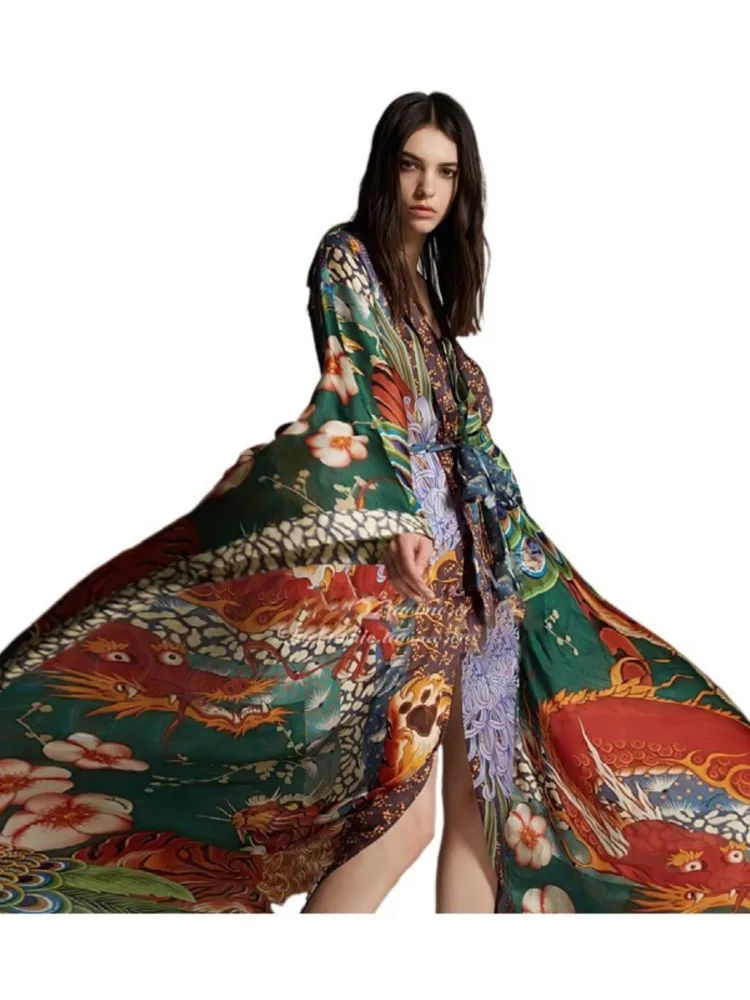 

Bohemian Printed Belted Long Kimono Dress Tunic Vintage Plus Size Summer Clothes For Women Beach Wear Swim Suit Cover Up