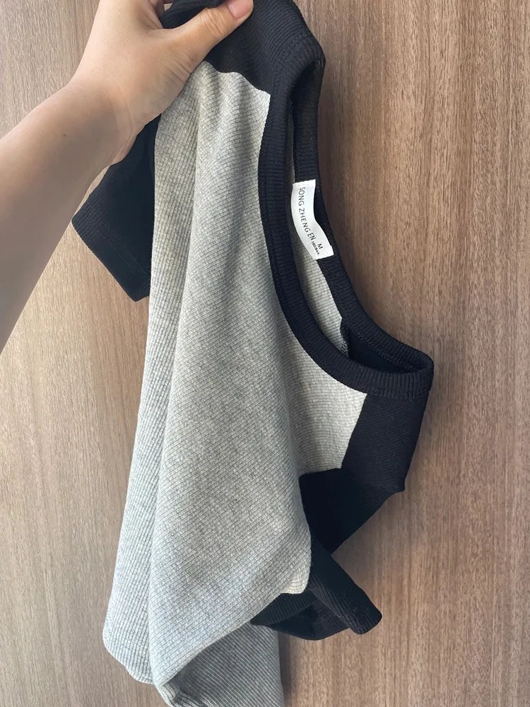 Extra Large 300 Pounds Color Block Short Sleeve T-Shirt Women Summer Design Shoulder Insertion Base Shirt Short Style Top