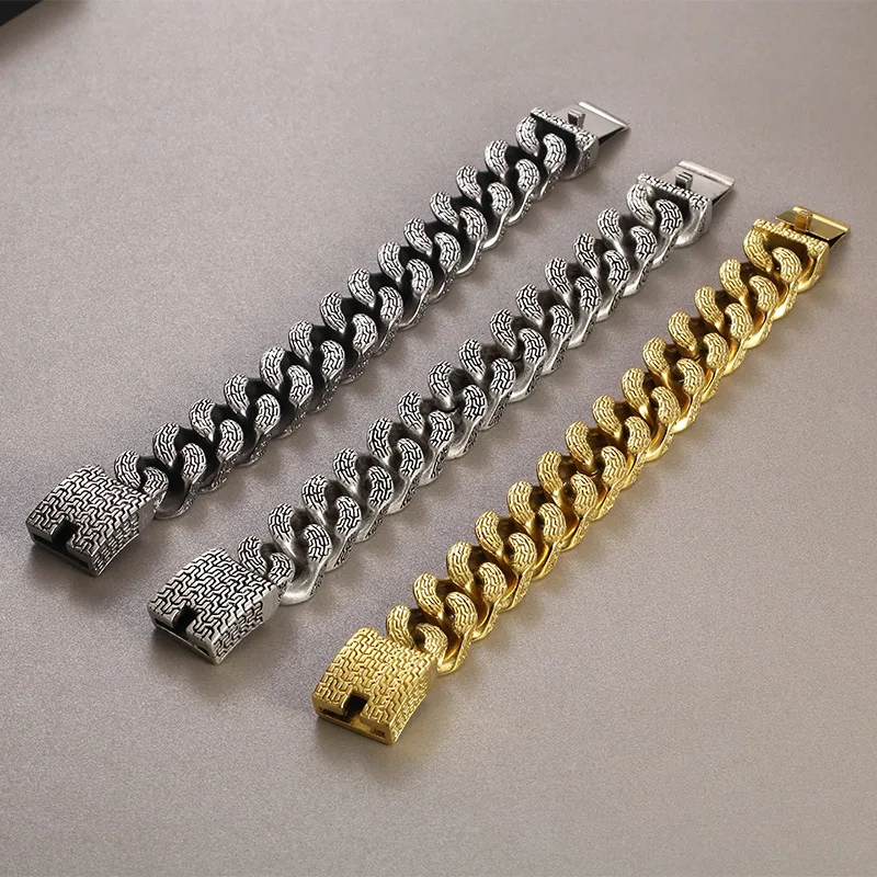 21MM  Punk Retro Black Curb Cuban Chain Bracelet Men Women Hiphop Gold Color  Stainless Steel Bike Biker Wheel Bangle  Jewelry