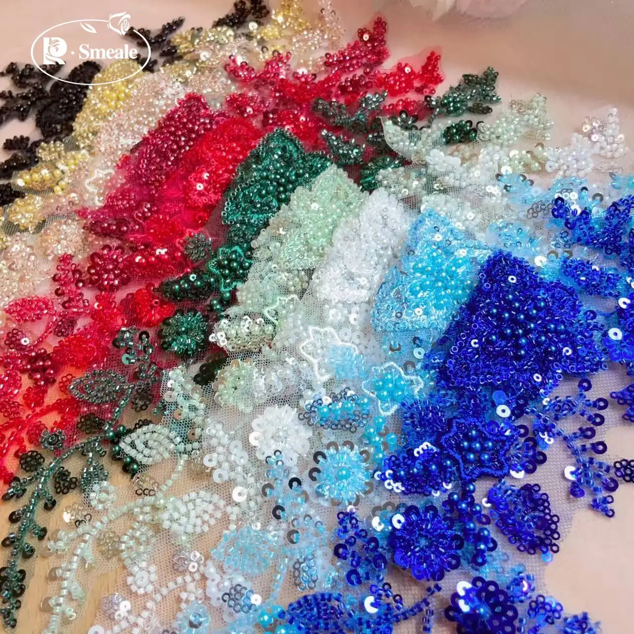 17*33CM,10-color Beaded Sequin 3D Floral Mirror Applique. Lace Fabric Evening Gown.Patch Decoration Clothing Production Material
