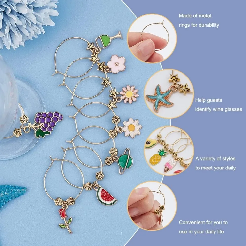24 Style Summer Theme Wine Glass Charms Flower Fruit Goblet Drink Markers Tags with Hoop Rings and Beads for Cocktail