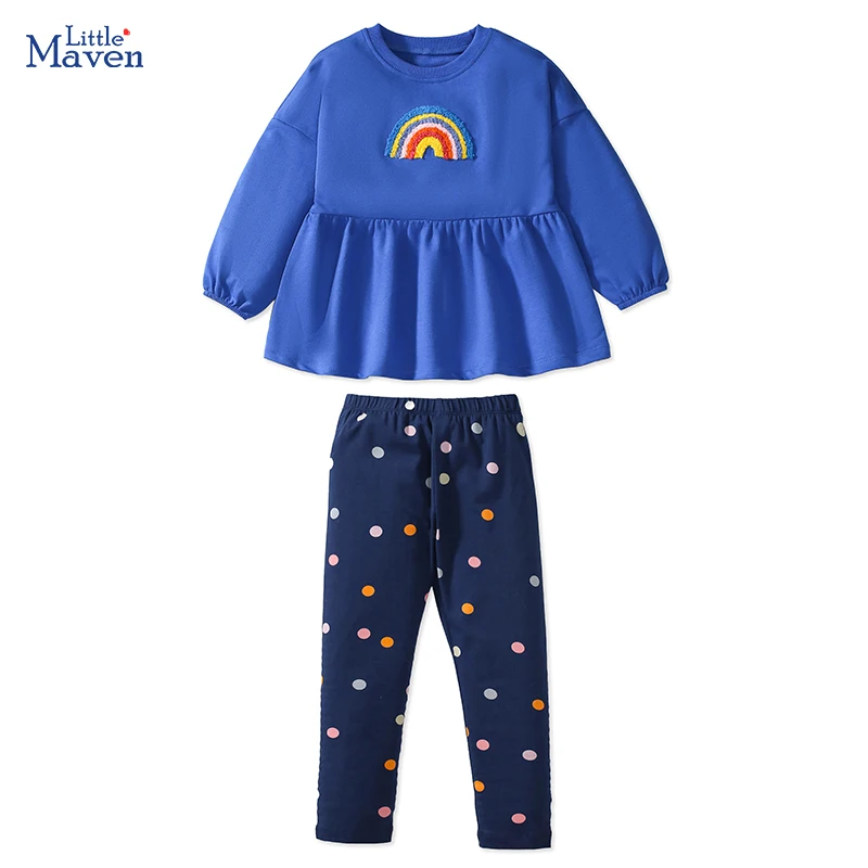 Little maven Baby Girls 2024 Autumn Children\'s Clothing Cotton Cartoon Rainbow Sweatershirts Tops+Legging Sets Clothes for Kids