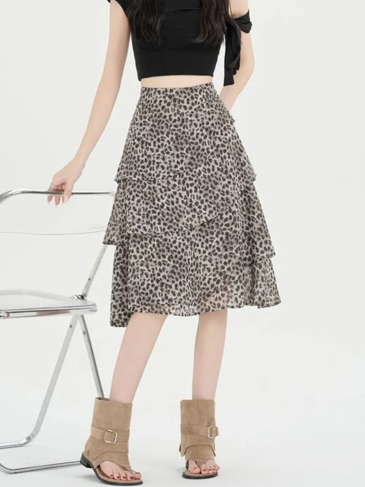 

Юбка миди с завышенной талией и принтом в горошек из шифона, в американском стиле, с леопардовым принтом, летняя мода для женщин