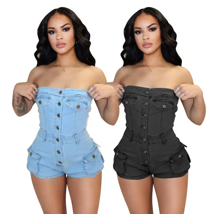 Summer Sexy Sleeveless Rompers Short Jumpsuit Women One Piece Romper Button Strapless Pocket Side Cargo Denim Stretch Playsuits