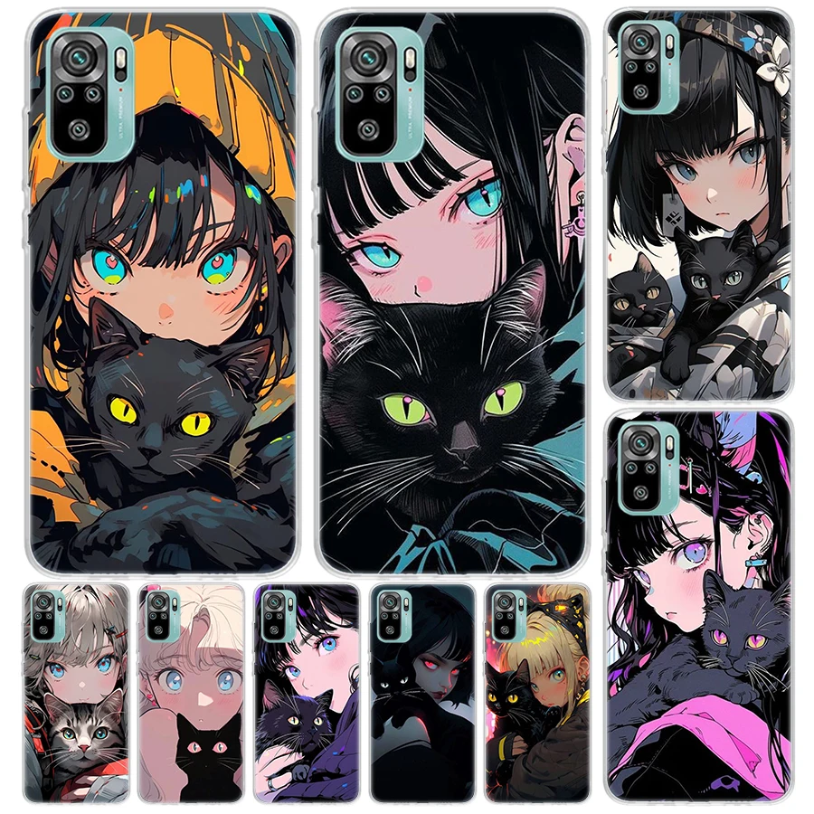 Anime Girls Cute Black Cat Cover For Xiaomi Redmi Note 13 12S 12 11 11S 10S 10 Pro Plus Phone Case 11E 11T 9 9S 8T 8 + Print Coq