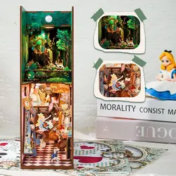 DIY Wooden Book Nook Alice In Wonderland Shelf Insert Booknook Kit Microlandscape Desktop Bookshelf Ornaments Assembly Bookend