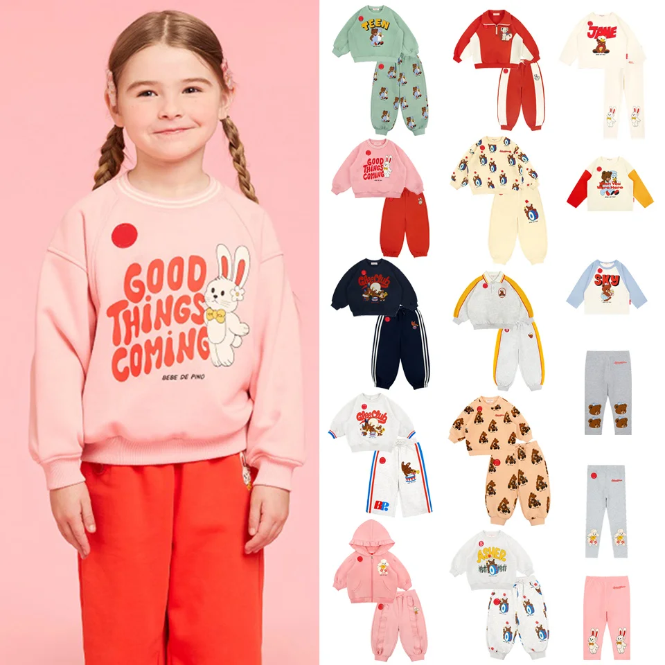 子供服セット-コットン-ソフトで快適なウサギとクマのプリント-ラウンドネック-長袖セット-2～9歳の男の子と女の子向け