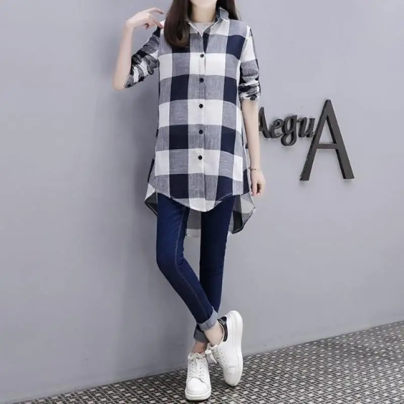 Spring Autumn Casual Plaid Polo-Neck Shirt Women\'s Clothing Fashion Single-breasted Korean Loose Long Sleeve Pockets Midi Blouse