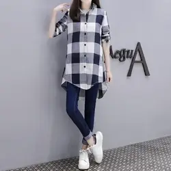 Spring Autumn Casual Plaid Polo-Neck Shirt Women's Clothing Fashion Single-breasted Korean Loose Long Sleeve Pockets Midi Blouse