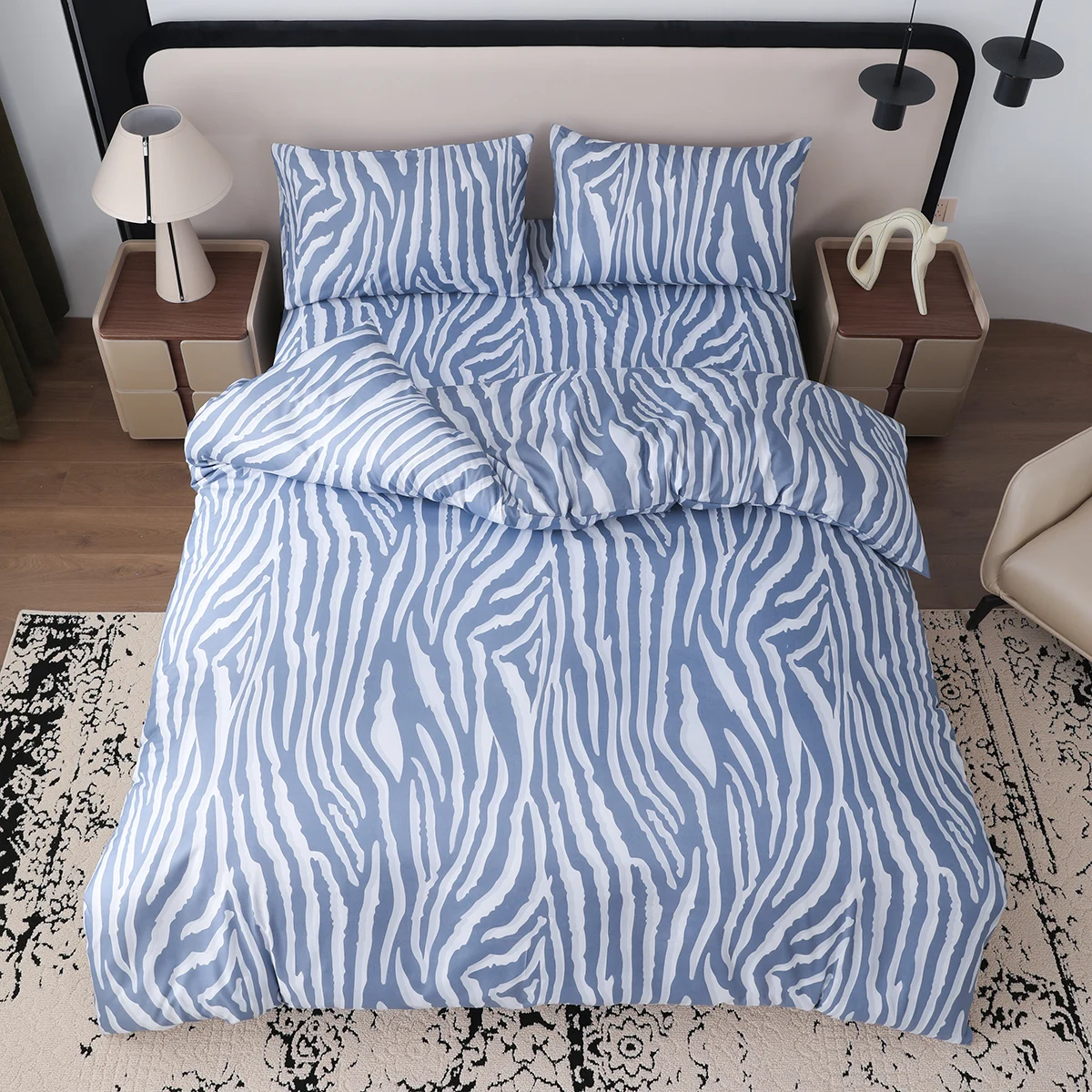 طقم مكون من 3 قطع، طقم غطاء لحاف بطباعة هندسية مخططة حمار وحشي (2 * كيس وسادة، 1 * غطاء لحاف، بدون قلب) فراش أبيض فاتح، ناعم، مريح