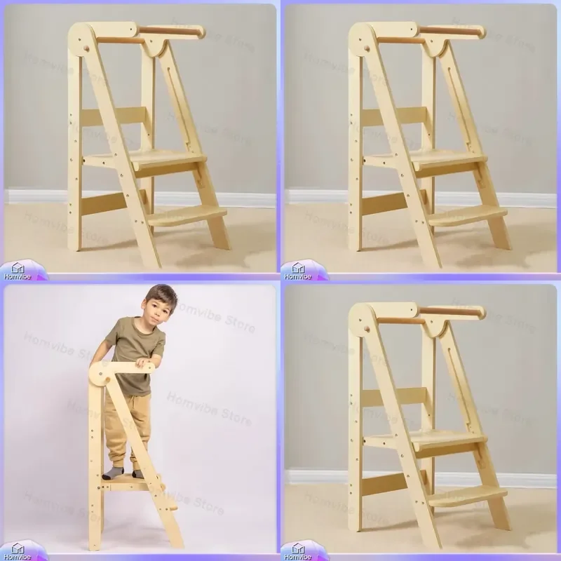 Multifunctional Solid Wood Folding Learning Tower for Kids Montessori Anti Slip Step Stool Baby Kitchen Helper Chair Wooden