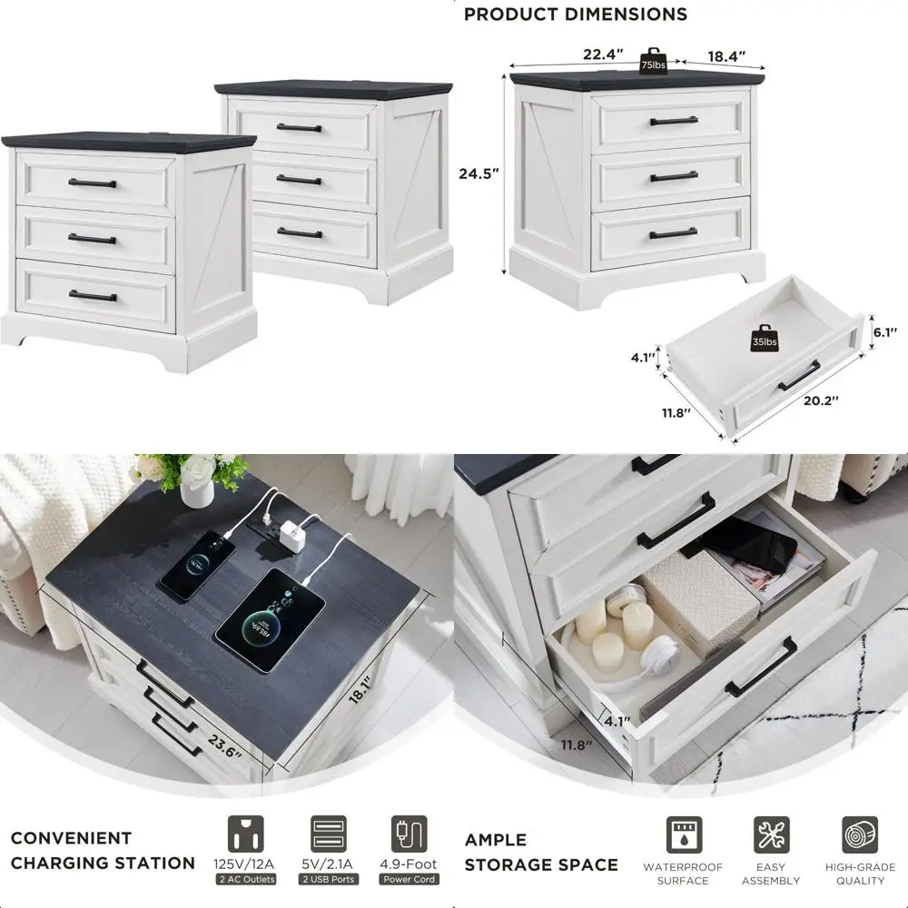 Pair of 22 Rustic Farmhouse Nightstands with Charging Station and Ample Storage
