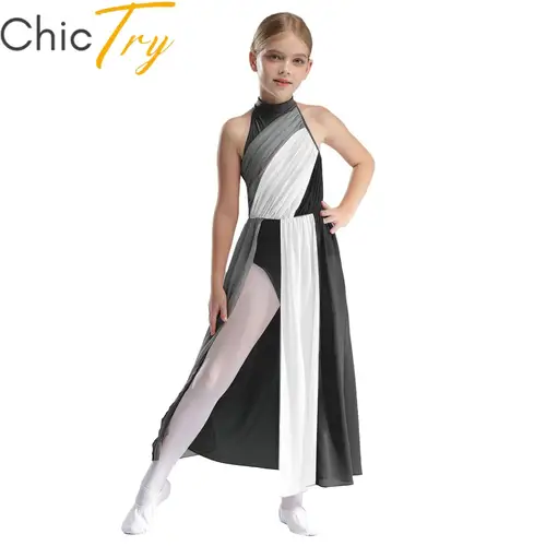 Imagen 1 del producto Vestido de gimnasia y Ballet para niñas, vestido Maxi con abertura en la espalda y ojo de cerradura para danza lírica, trajes de escenario de patinaje contemporáneo moderno