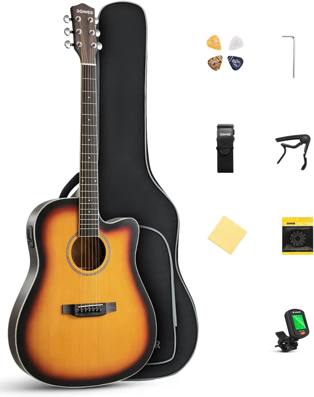 Acoustic Electric Guitar Kit, 41-Inch Full Size for Beginners, Includes Capo, Picks, Tuner, Strings, Strap - Sunburst