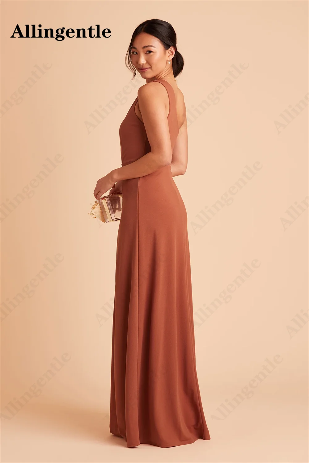 Allingentle Chiffon One Shoulder Ruched Bridesmaid Gown for Wedding Sleeveless A-Line Side Slit Party Gowns Maid of Honor Dress