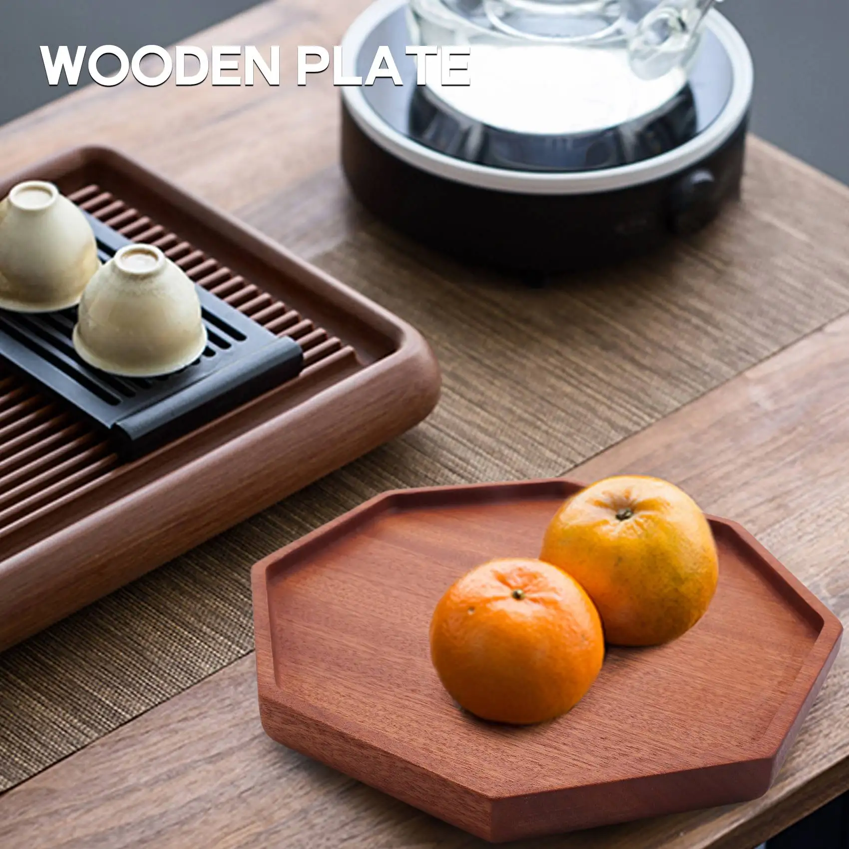 Japanese Ebony Plate Simple Octagonal Dinner Plate Wooden Tray Serving Table Plate Household Desktop Wooden Tray, M