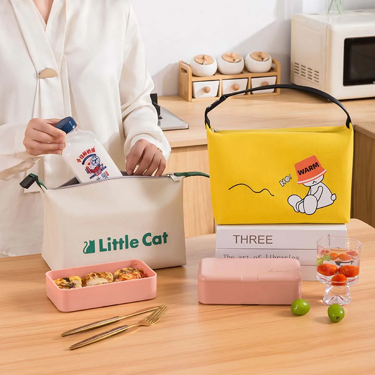 

New U-shaped bento bag Office lunch box bag Outdoor picnic bag Cartoon portable thermal bag student meal bag