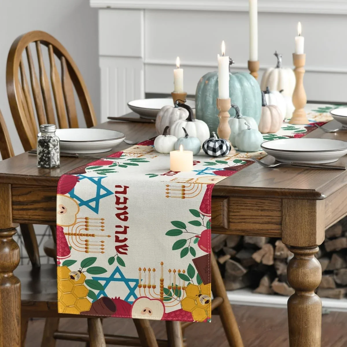 Shana Tova Menorah Hexagram Linen Table Runners Jewish Holiday Decor Reusable Rosh Hashanah Table Runners Kitchen Dining Decor