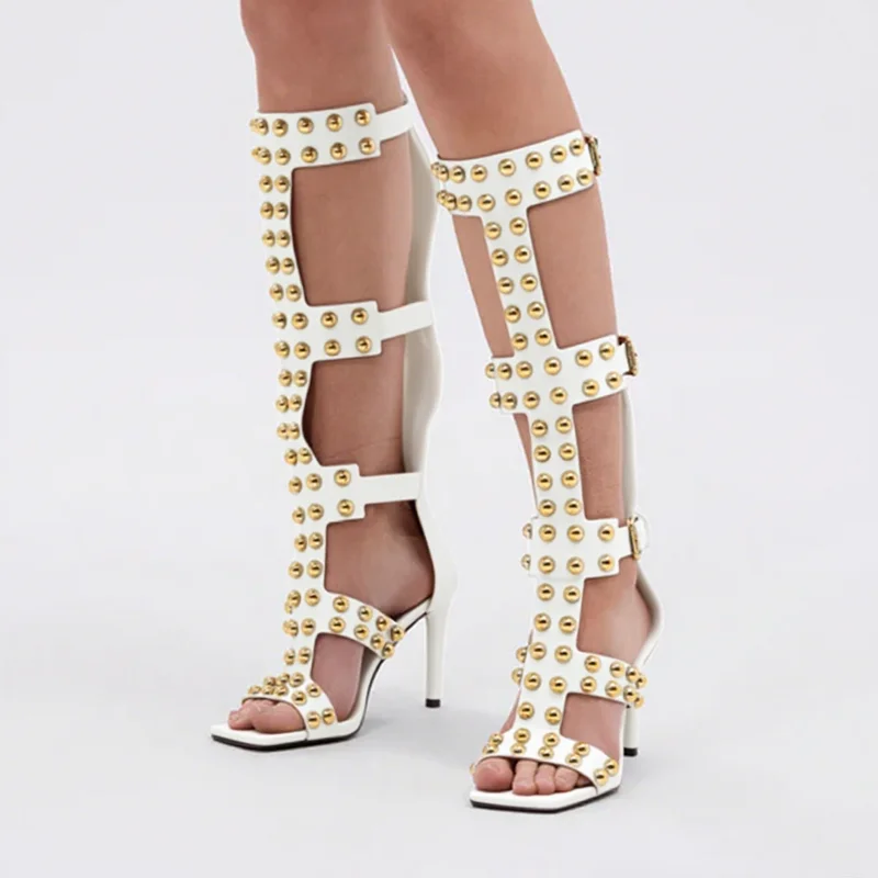 

Gold White Round Beads Sandal Boots Sexy Square Toe Thin Heel Matte Leather New Arrivals Fashion Women Modern Boots