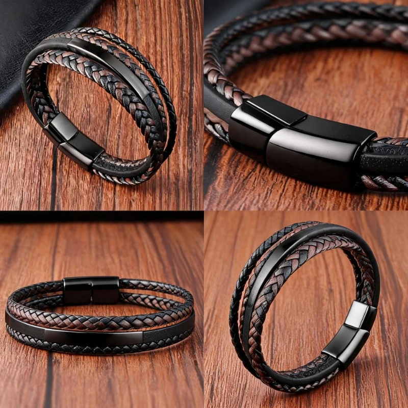 Leather Rope Bracelet, Stainless Steel Multi-layer Men's Leather Woven Bracelet, Genuine Leather Bracelet, Cowhide Jewelry