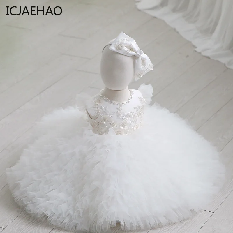 ICJAEHAO Newborn Baby Infant Girl 1st Year Birthday Dress Matching Toddler Flower Wedding Baptism Elegant Princess Gown Clothes