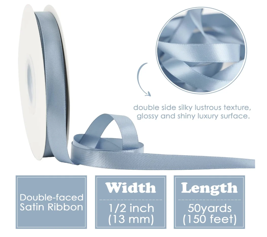 Dusty Blue Satin Ribbon 1/2 inch X 50 Yards Continuous, Blue Double-Faced Satin Ribbon for Gift Wrapping, Bows, DIY Crafts