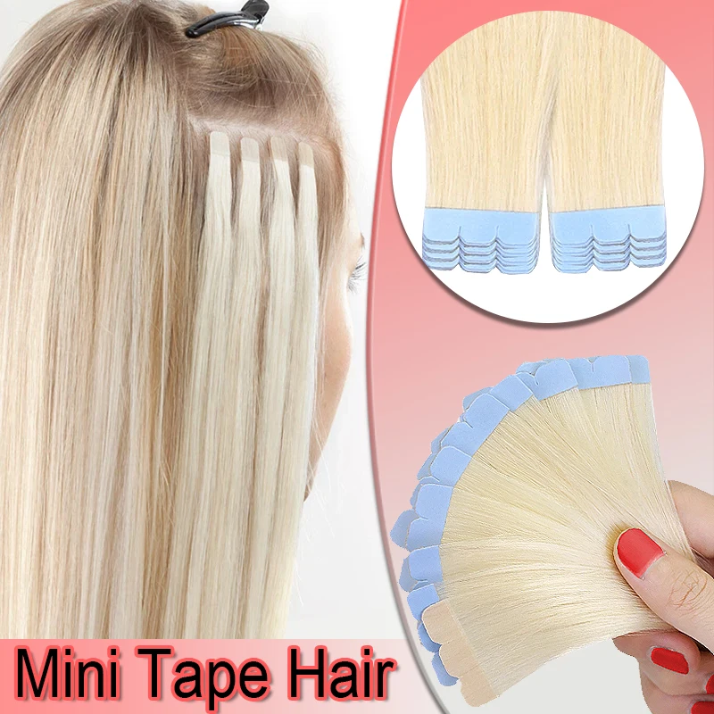 Shinehair Mini Tape Human Hair Extensions Об’ємне плетіння волосся 100% необроблене # 613 Світле незаймане волосся без качка, пряме