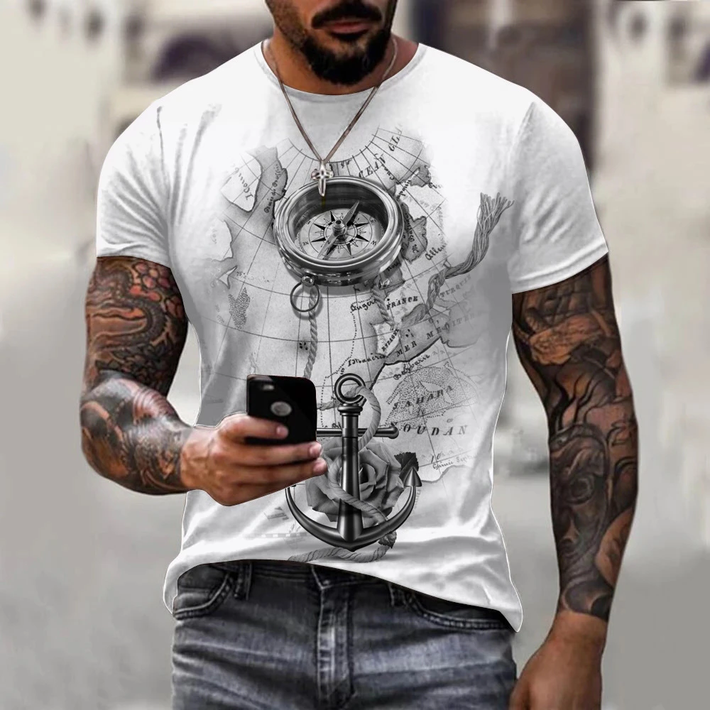 Vintage Men's T-shirt Summer Short Sleeve O-neck 3D Anchors Print Top Tee Shirt Oversized Men's Clothing Casual Streetwear