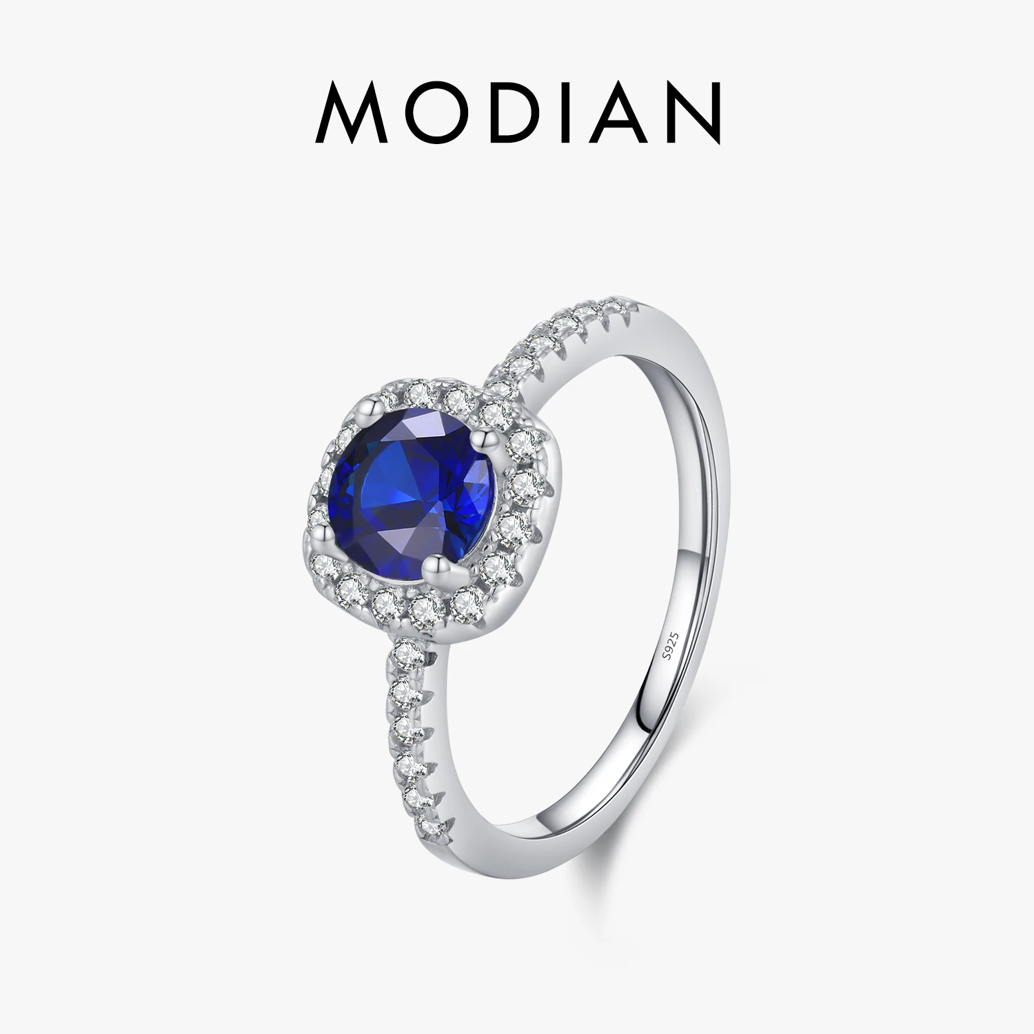 MODIAN 925 Sterling Silver Sparkling Blue Zirconia Ring Classic Luxury Wedding Jewelry For Women Engagement Gift