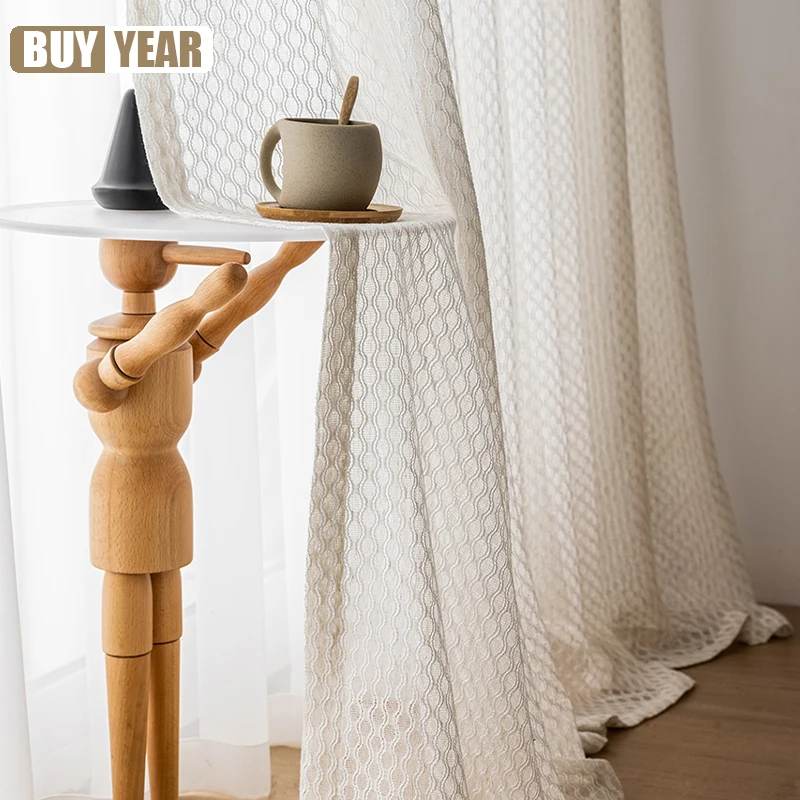 

Geometric Beige Curve Sheer Curtains For Living Room Japan Tulle Curtains For Window Bedroom Lace Voile Curtains Fabrics Drapes