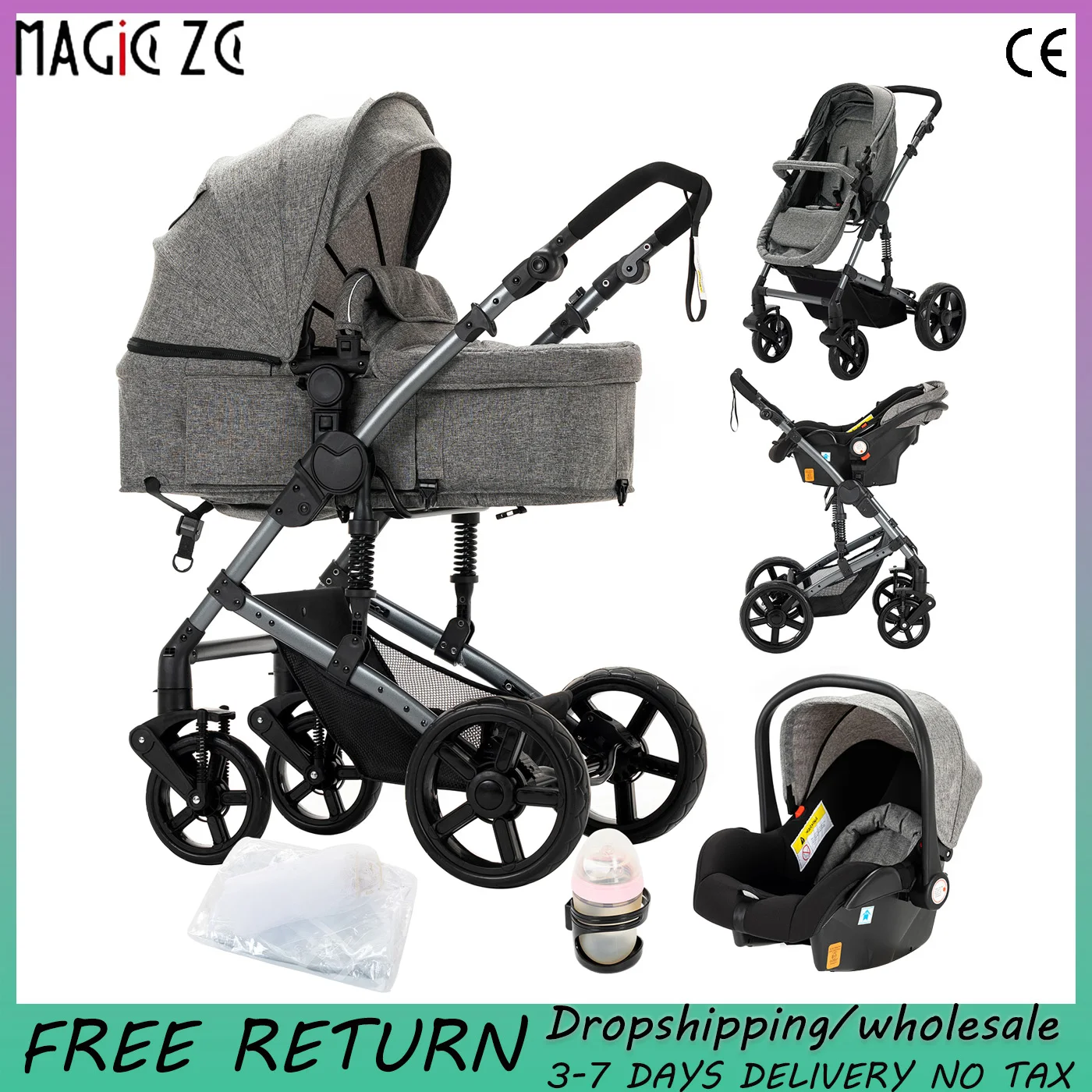 Kereta dorong bayi 3 in 1 kereta ringan untuk bayi baru lahir kereta bayi dengan empat roda kereta dorong untuk bayi mewah lipat.