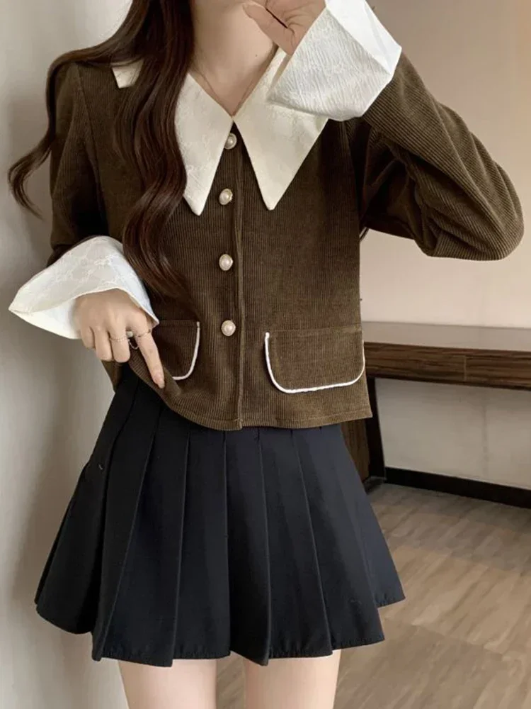 Vintage Schlanke Frauen Cord Hemd Casual Patchwork Süße Bluse Elegante Tasten Koreanische Einfache Frühling Retro Weibliche Tops Neue