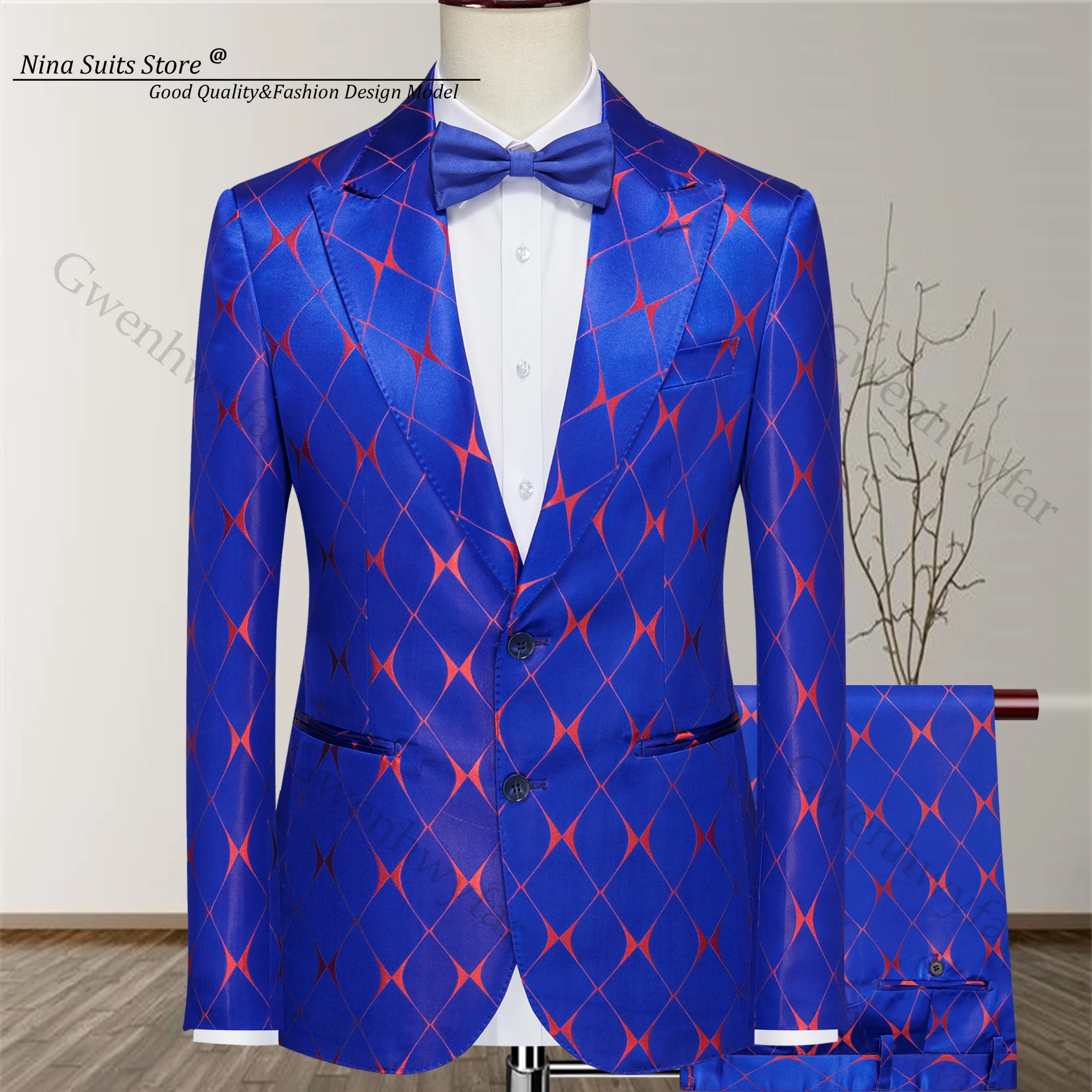 

Gwenhwyfar яркий королевский синий костюм с оранжевым геометрическим узором, однобортный комплект из 2 предметов, модный мужской праздничный костюм Homme