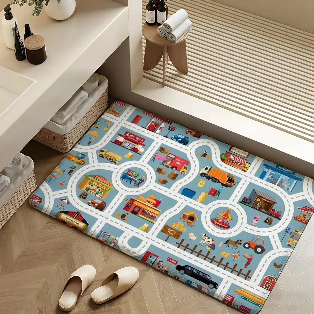 Creative City Route Floor Mat Soft Flannel Rug Non-Slip Absorbent Mat for Bathroom Bedroom Home Decor