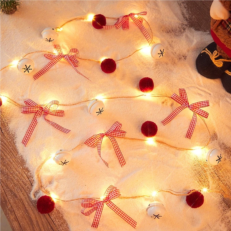 Christmas Fairy Lights Red Pom Pom Bell Bow LED String Lights Warm White Battery Operated Indoor Home Xmas Tree Holiday Decor