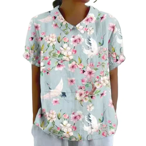 

Women's Linen Blouses, Lapel Neck Art Shirts, Button Loose Pullover Top, Casual T Med Women Shirts, Plain Floral Print Shirts