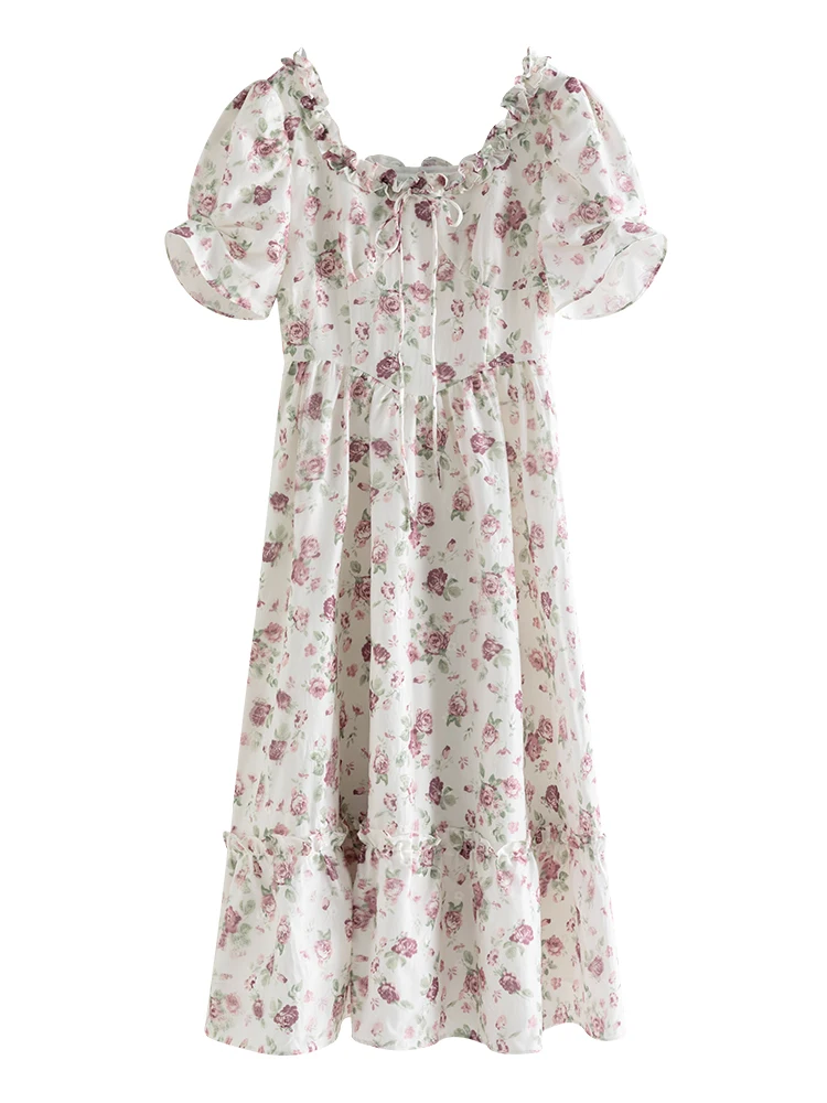 FSLE-Robe Longue en Mousseline de Soie pour Femme, Col en U, Motif Floral, Manches Bouffantes, Jupe Trapèze, Style Boho, Romantique, Français, Design Champignon, Été