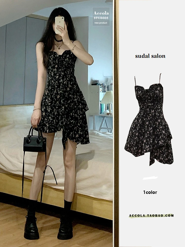Romantic Captured Dark Pure Desire Spicy Girl Dress Asymmetrical Hem Floral Print Strapless A-Line Skirt Spring Summer N...