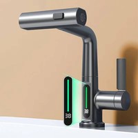 Waterfall Basin Pull-Out Kitchen & Bathroom Faucet Rainfall Temperature Digital Display No Battery Stainless Steel